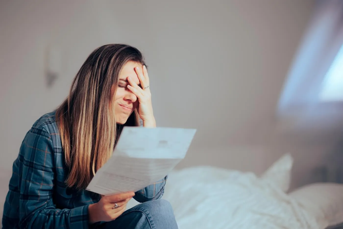 Upset woman shielding her face with one hand while holding an eviction notice in the other