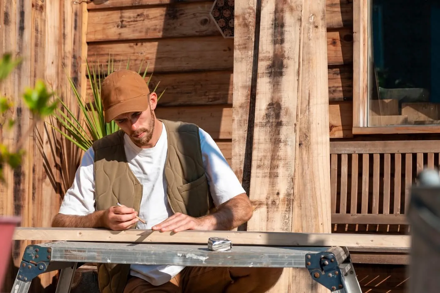 A man wearing a cap and casual work clothing, doing carpentry in his garden at home on a summer day.