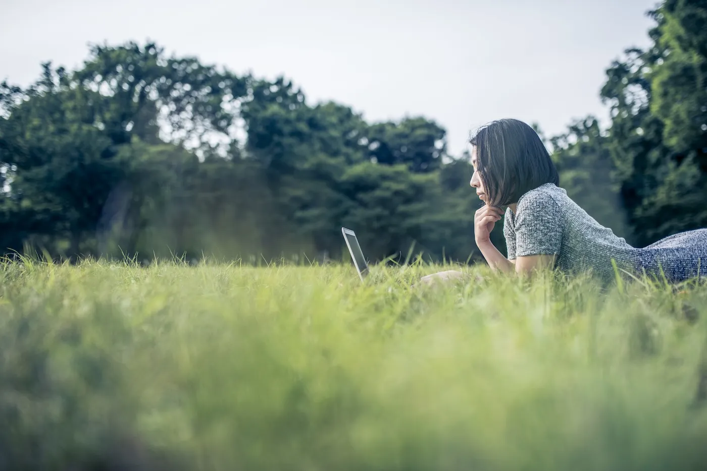 Portrait of young woman lying down on the grass relaxed in park. She is working on laptop. Green trees in the back.