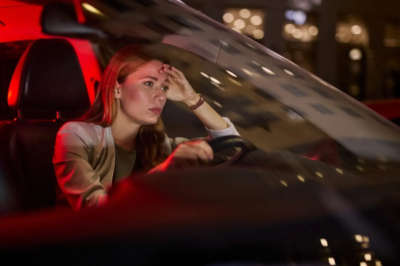 Upset young woman driving a car at night