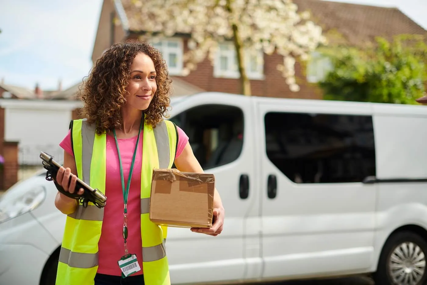 Female delivery driver in a safety vest standing next to her white van and checking the address on her tablet while holding a box