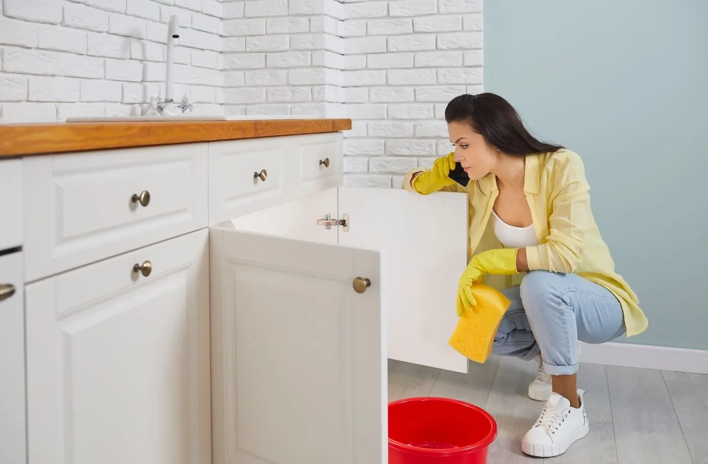 Concerned young woman wipes under a leaky sink while making a phone call