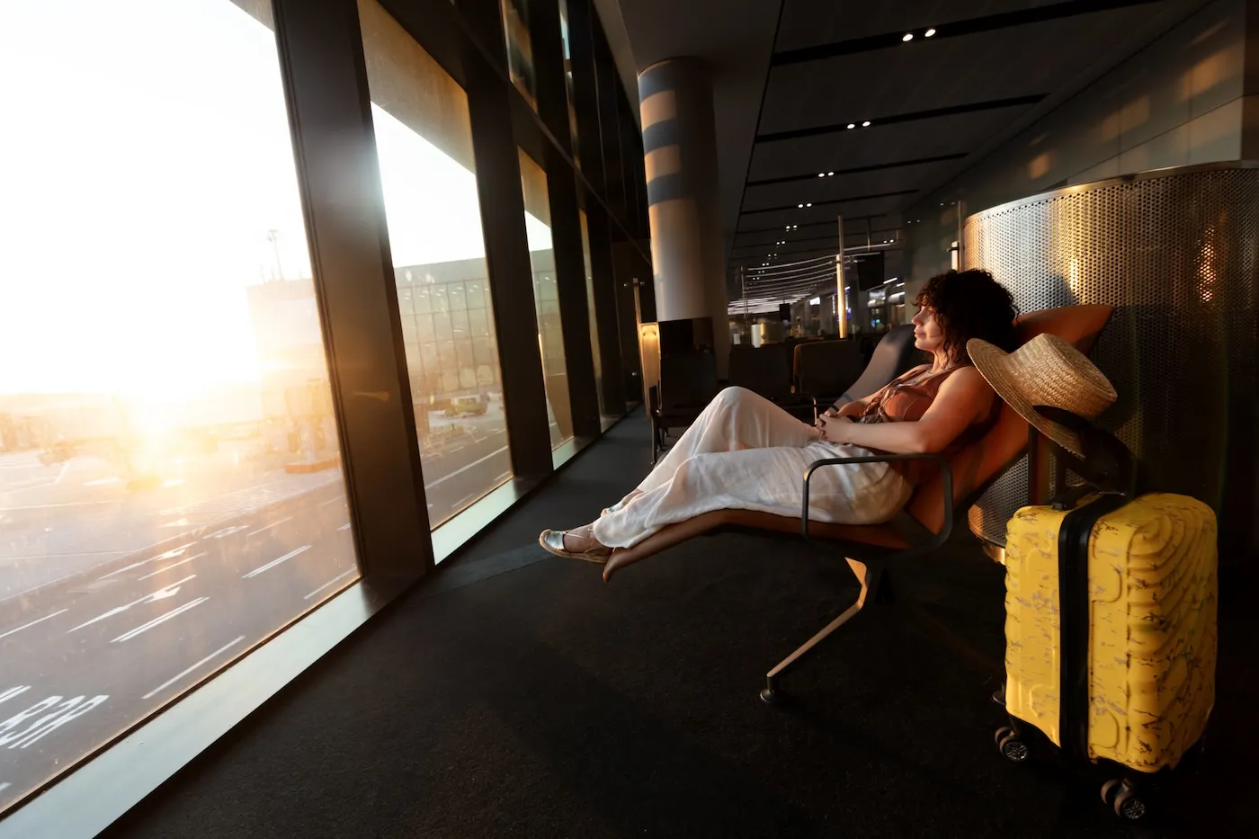 A woman is sitting while waiting at the airport.