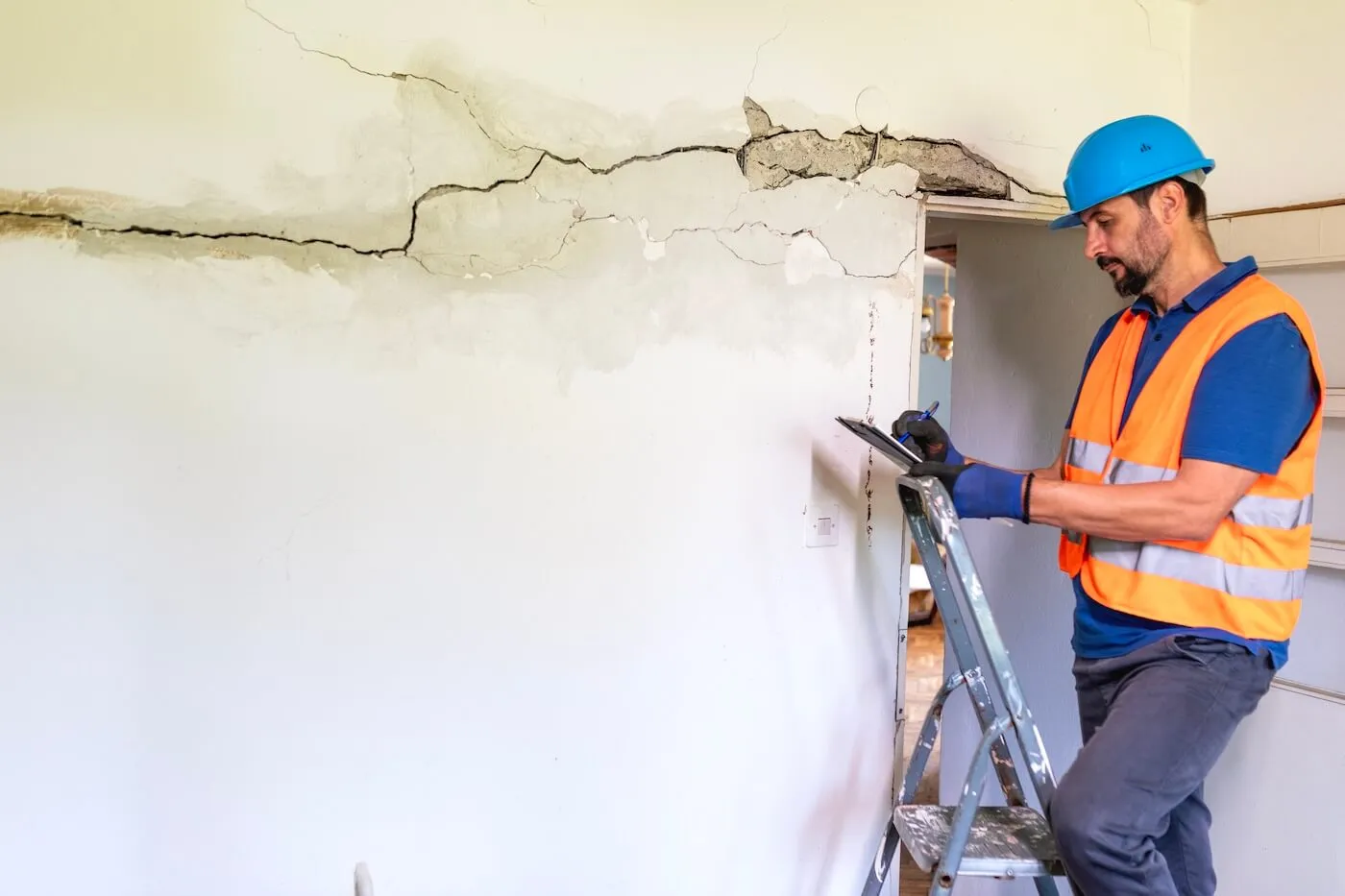 Construction worker standing on a ladder and assessing the wall damage
