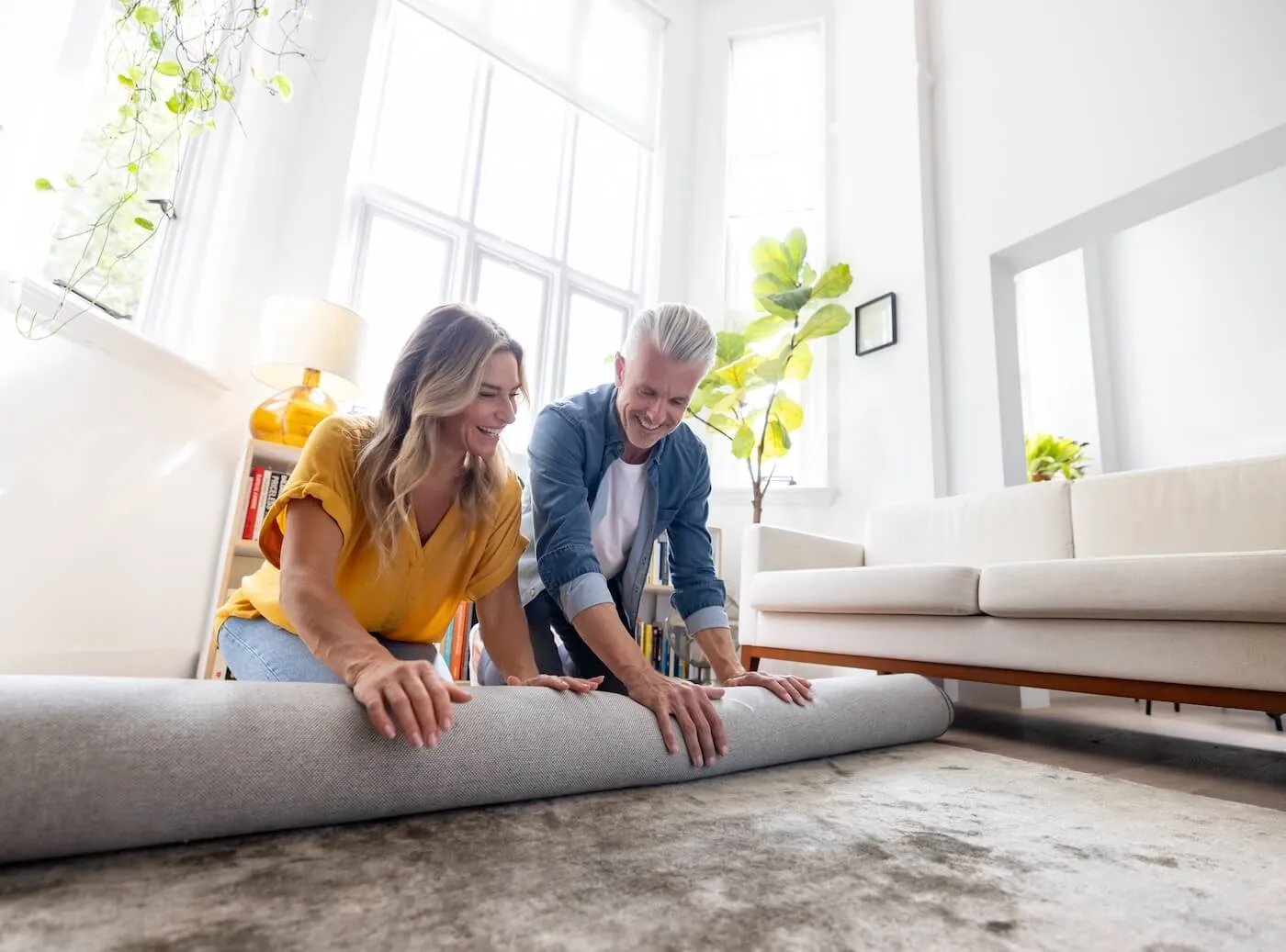 Happy mature couple unrolling a gray rug in their new living room