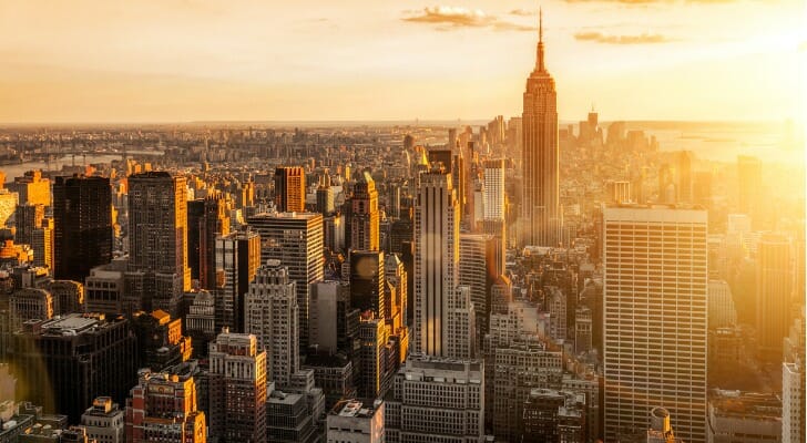 View of NYC skyscrapers in the sunlight.
