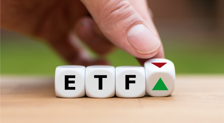 Plastic dice spelling out "ETF."